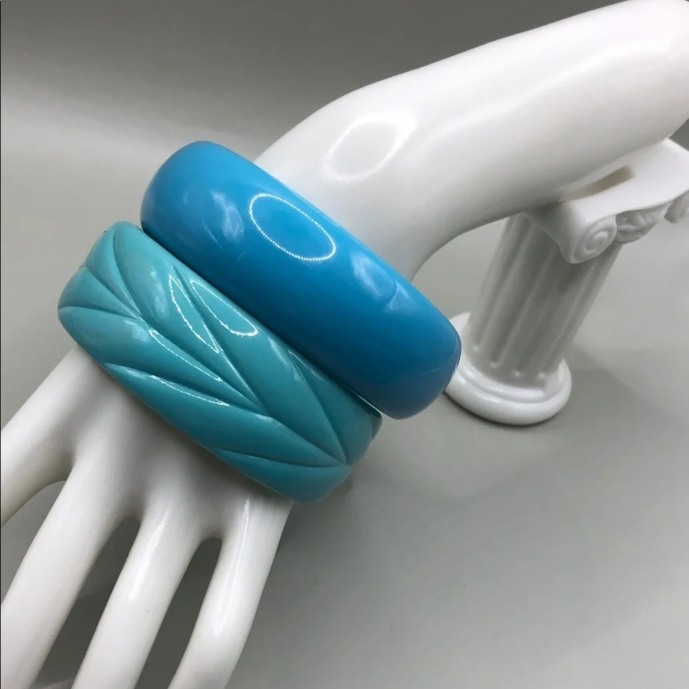 Bundle lot 5 vintage 90's acrylic resin bangle bracelets blue green layer stack